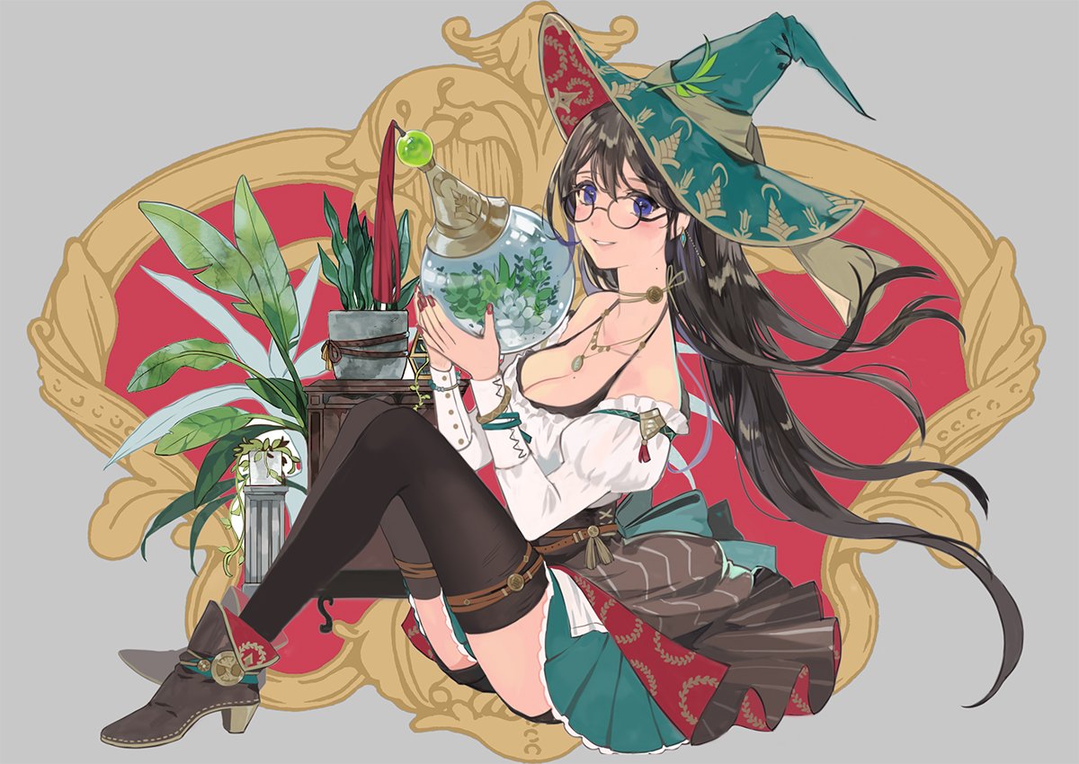 1girl black_hair blouse blue_eyes boots breasts brown_footwear brown_legwear brown_skirt earrings glasses hat jewelry long_hair mole mole_on_breast mole_on_neck nail_polish necklace noche_brisa original plant round_eyewear sitting skirt smile solo thigh-highs white_blouse witch_hat