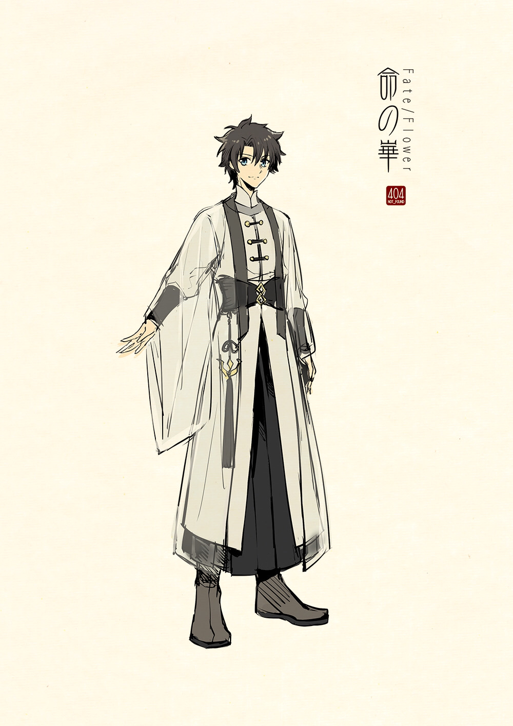 1boy adapted_costume arm_at_side arm_guards arm_up artist_name bangs beige_background black_footwear black_hair blue_eyes boots character_request chinese_clothes closed_mouth coat concept_art copyright_name fate/grand_order fate_(series) full_body hanfu highres jewelry logo long_sleeves looking_at_viewer male_focus puffy_long_sleeves puffy_sleeves robe sash see-through smile solo standing tassel toggles zerocastle