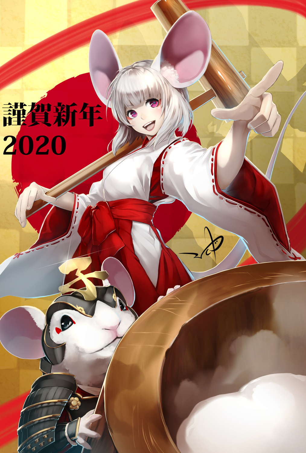1girl 2020 :d animal_ears armor bangs breasts checkered checkered_background chinese_zodiac drop_shadow fingernails foreshortening highres holding_mallet japanese_armor japanese_clothes lips makeup mallet miko mochi mouse_ears mouse_girl new_year niccohudou open_mouth original pink_eyes pointing short_hair signature silver_hair small_breasts smile solo teeth wide_sleeves year_of_the_rat yellow_background