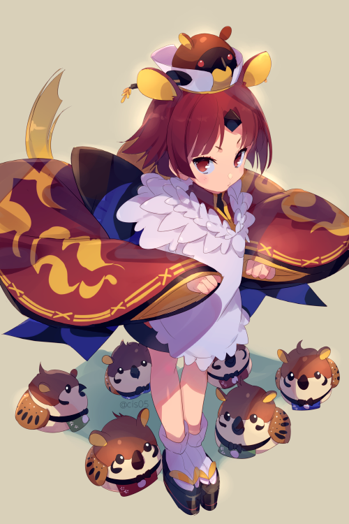 1girl animal_ears apron benienma_(fate/grand_order) bird cis05 commentary_request fate/grand_order fate_(series) from_above full_body grey_background hat long_sleeves mouse_ears red_eyes redhead short_hair sparrow standing twitter_username wide_sleeves