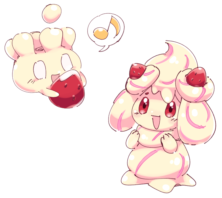 alcremie bangs blank_eyes blonde_hair blush commentary_request eye_contact floating food fruit full_body gen_8_pokemon hands_up happy holding long_hair looking_at_another milcery multicolored_hair musical_note no_humans open_mouth pink_hair pokemon pokemon_(creature) red_eyes red_sclera shiny shiny_hair shiny_skin simple_background smile speech_bubble spoken_musical_note standing strawberry streaked_hair suzumusi114 two-tone_hair white_background white_eyes