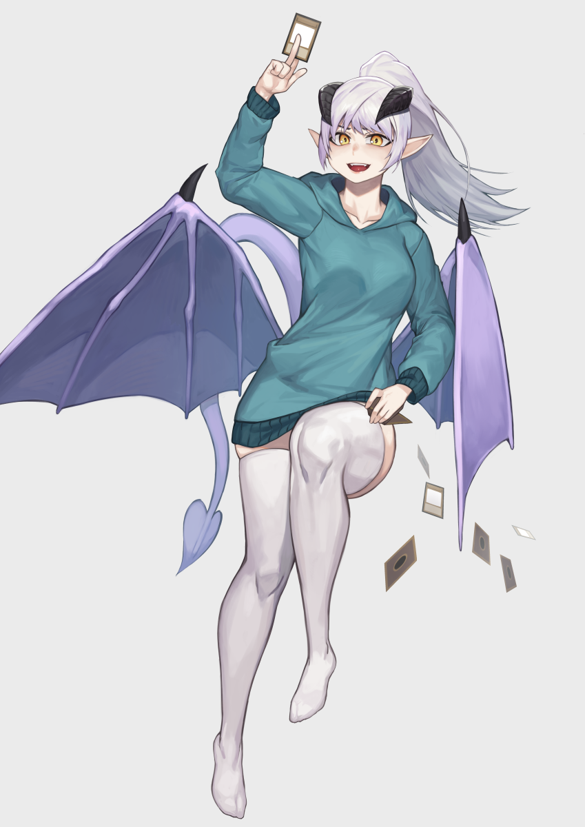 card cinko collarbone demon_tail demon_wings fangs green_hoodie green_sweater grey_background highres holding holding_card horns long_hair open_mouth pink_lips pointy_ears ponytail simple_background smile sweater tail thigh-highs tongue white_hair white_legwear wings yuu-gi-ou