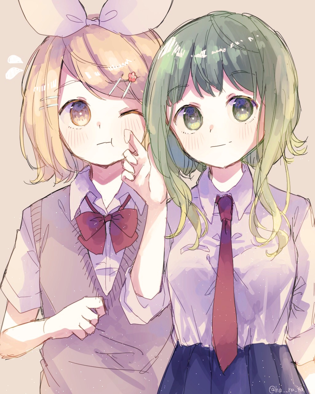 2girls ;t bangs blonde_hair blue_skirt bow bowtie cheek_poking collared_shirt flower flying_sweatdrops green_eyes green_hair gumi hair_flower hair_ornament hair_ribbon hairclip haruta_(user_dndp3458) highres kagamine_rin looking_at_viewer multiple_girls necktie one_eye_closed pleated_skirt poking red_neckwear ribbon school_uniform shirt short_hair_with_long_locks short_sleeves sketch skirt smile sweater_vest twitter_username vocaloid white_ribbon white_shirt yellow_eyes