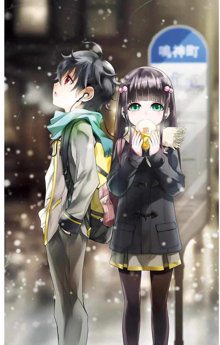 1boy 1girl adashino_benio aqua_scarf bag bangs black_coat black_hair black_legwear blunt_bangs blurry blurry_background couple earphones enmadou_rokuro food green_eyes grey_jacket grey_pants grey_skirt hair_between_eyes hair_bobbles hair_ornament hands_in_pockets highres holding holding_food jacket long_hair looking_at_viewer looking_up miniskirt open_mouth outdoors pants pantyhose pleated_skirt red_eyes scarf skirt snowing sousei_no_onmyouji standing straight_hair sukeno_yoshiaki white_scarf