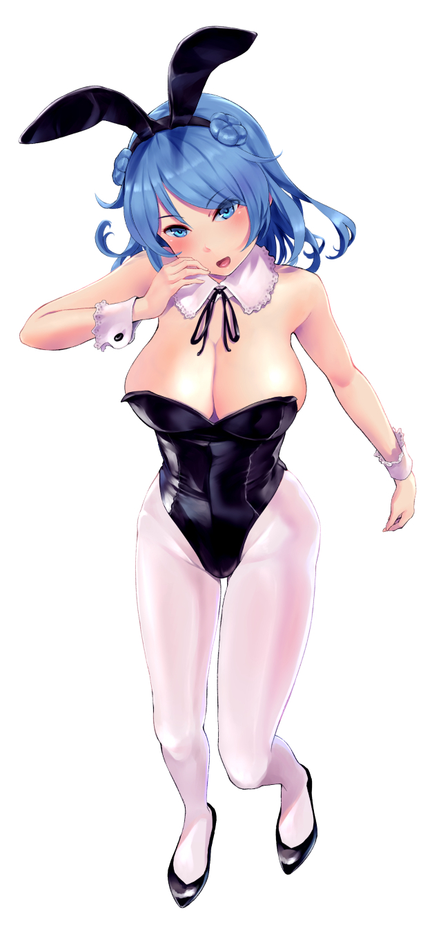 1girl animal_ears blue_eyes blue_hair blush breasts bunny_girl bunnysuit double_bun full_body highres kantai_collection large_breasts long_hair looking_at_viewer open_mouth pantyhose rabbit_ears simple_background smile solo urakaze_(kantai_collection) wa_(genryusui) white_background white_legwear