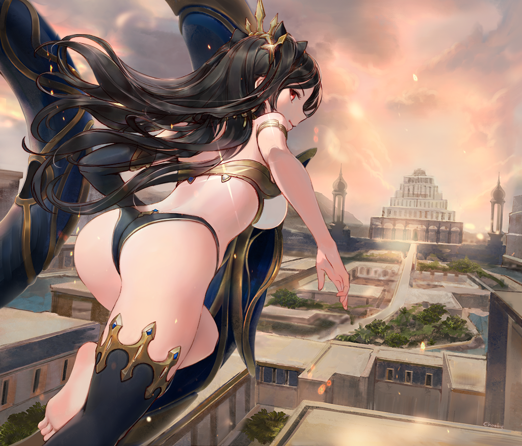 1girl arched_back armlet ass back bangs barefoot bikini black_bikini_bottom black_bow black_gloves black_hair black_legwear bow breasts choseon cityscape closed_mouth clouds cloudy_sky earrings elbow_gloves fate/grand_order fate_(series) floating_hair foreshortening from_behind gloves hair_bow hoop_earrings ishtar_(fate)_(all) ishtar_(fate/grand_order) jewelry light_smile long_hair looking_at_viewer looking_back medium_breasts mismatched_bikini red_eyes single_elbow_glove single_thighhigh sky soles solo swimsuit thigh-highs thighs tree