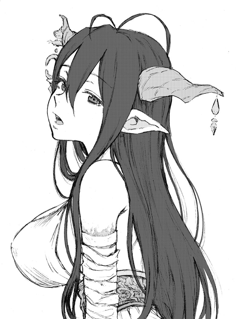 1girl ahoge bandaged_arm bandages bare_shoulders breasts coelacanth_(gyotaku) danua eyebrows_visible_through_hair granblue_fantasy greyscale hair_between_eyes horns jewelry long_hair monochrome open_mouth pointy_ears simple_background solo teeth tongue upper_body white_background