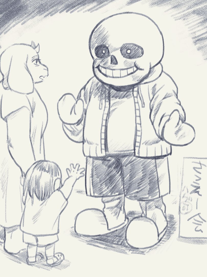 1girl 2others 8-4 bob_cut child cosplay crocs frisk_(undertale) furry greyscale holding_hands human mascot_costume mittens monochrome monster multiple_others sans sans_(cosplay) shirt shorts skeleton slippers super_smash_bros. t-shirt toby_fox_(publisher) toriel undertale waving