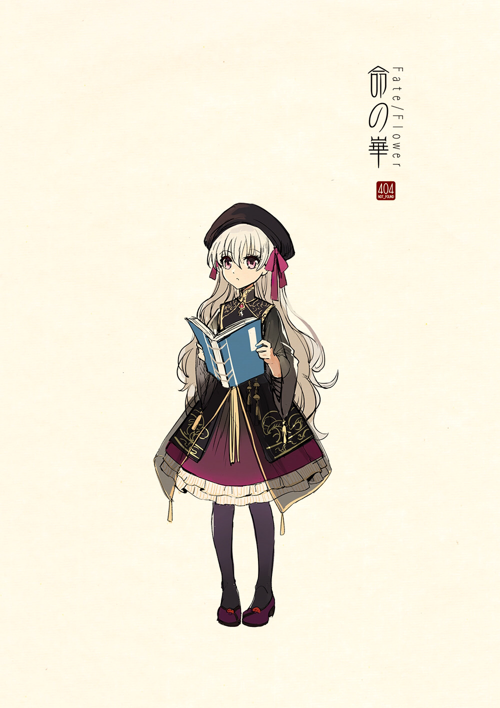 1girl adapted_costume artist_name bangs beige_background black_headwear black_legwear book brooch character_request concept_art copyright_name dress fate/grand_order fate_(series) full_body gradient hair_ribbon hat highres holding holding_book jewelry logo long_hair long_sleeves looking_away open_book pantyhose pigeon-toed pink_eyes pink_ribbon purple_footwear purple_ribbon ribbon robe sash see-through shoes silver_hair simple_background solo standing tassel very_long_hair wide_sleeves zerocastle