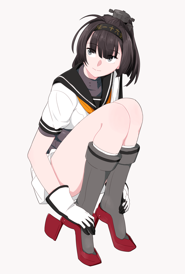 1girl akizuki_(kancolle) bangs black_hair black_headband black_sailor_collar clothes_writing eyebrows_visible_through_hair gloves grey_background grey_eyes hachimaki headband kantai_collection long_hair neckerchief ojipon pleated_skirt ponytail rudder_footwear sailor_collar school_uniform serafuku short_sleeves simple_background sitting skirt solo white_skirt yellow_neckwear