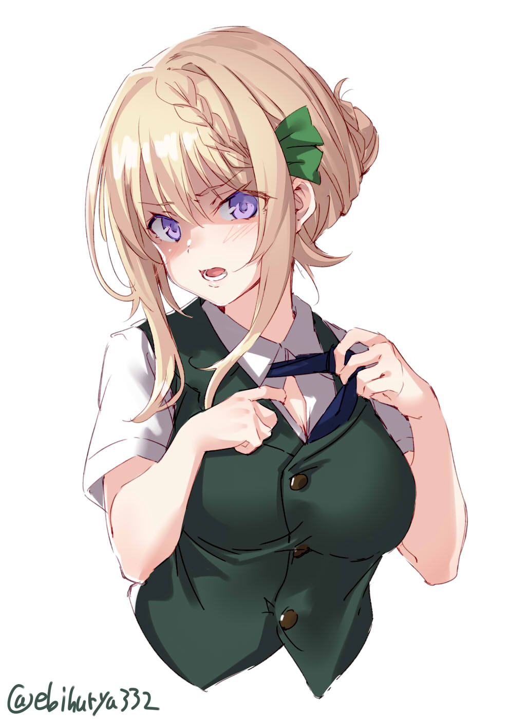 1girl blonde_hair blue_neckwear braid braided_bangs braided_bun breasts buttons cropped_torso ebifurya gesugao green_vest hair_ribbon highres kantai_collection large_breasts lavender_eyes necktie open_mouth perth_(kantai_collection) ribbon shaded_face shirt_pull short_sleeves sidelocks upper_body vest