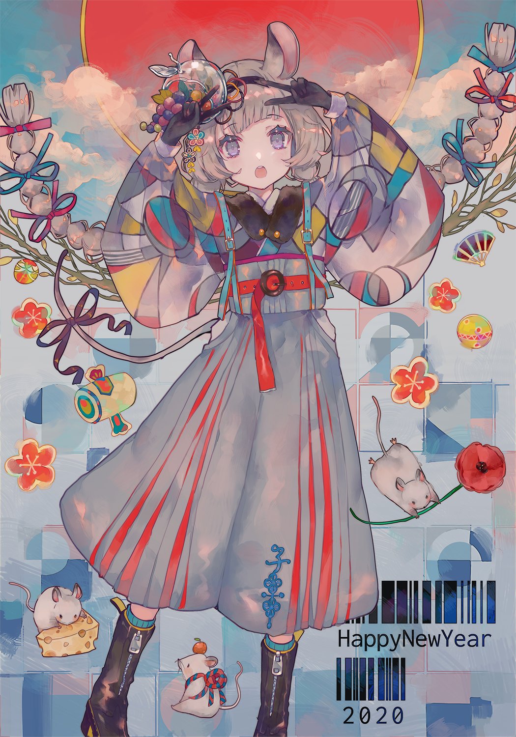 1girl animal_ears belt black_footwear black_gloves cha_goma cheese chinese_zodiac flower food fruit glass_apple gloves grapes hair_ornament hakama happy_new_year headband highres japanese_clothes kimono new_year original rat ribbon short_hair silver_hair solo tail v violet_eyes