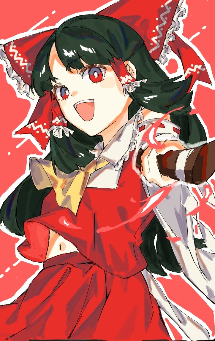 1girl aojirozame1228 ascot black_hair bow detached_sleeves frilled_bow frilled_hair_tubes frills hair_bow hair_tubes hakurei_reimu long_hair nontraditional_miko open_mouth red_background red_bow red_eyes red_shirt red_skirt shirt simple_background skirt sleeveless sleeveless_shirt solo touhou wide_sleeves yellow_ascot