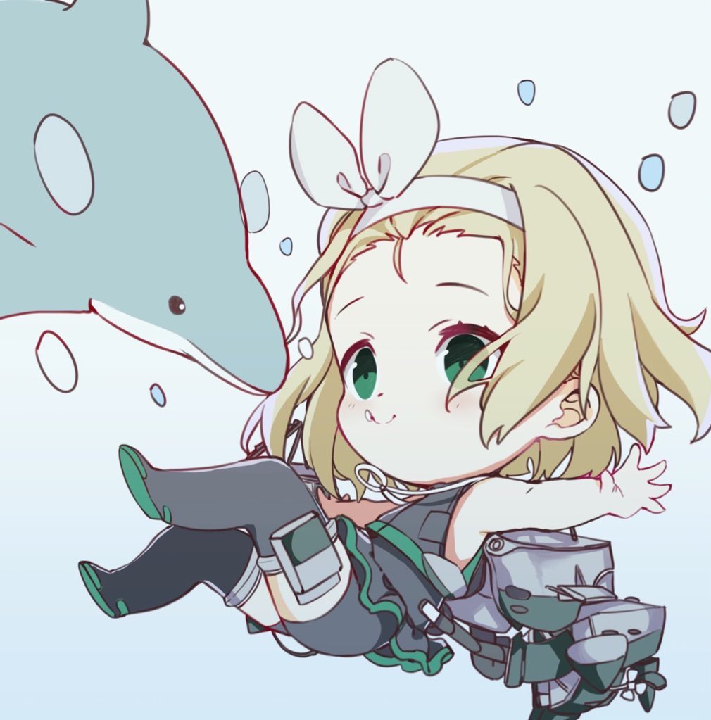 1girl animal blonde_hair blush boots bubble chibi dolphin full_body green_eyes hairband kantai_collection luigi_torelli_(kantai_collection) mitsume_(trancetion) outstretched_arms rigging short_hair simple_background sleeveless smile thigh-highs thigh_boots underwater wetsuit white_hairband