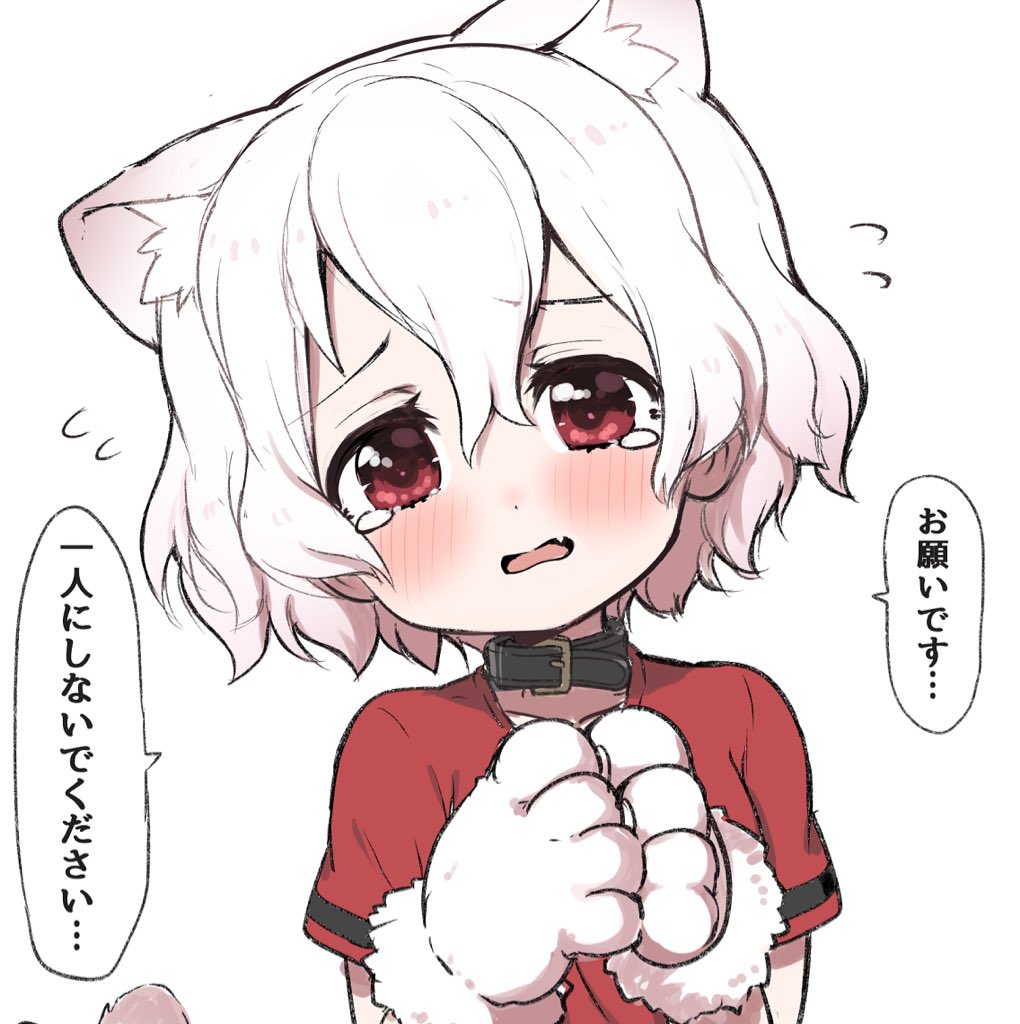 1girl albino animal_ears black_collar blush cat_ears cat_girl cat_tail collar extra_ears eyebrows_visible_through_hair flying_sweatdrops gloves kaban_(kemono_friends) kemono_friends kemonomimi_mode looking_at_viewer no_hat no_headwear paw_gloves paws ransusan red_eyes red_shirt shirt short_hair short_sleeves solo t-shirt tail tearing_up translation_request upper_body white_hair