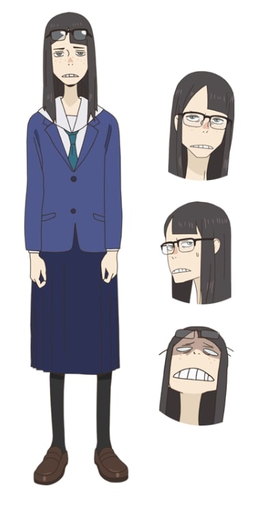 1girl annoyed asymmetrical_bangs bangs black_hair black_legwear blazer character_sheet clenched_teeth eizouken_ni_wa_te_wo_dasu_na! eyewear_on_head full_body grey_eyes grimace jacket jimiko kanamori_sayaka loafers official_art pantyhose pleated_skirt sailor_collar school_uniform shaded_face shoes skirt solo sweatdrop teeth