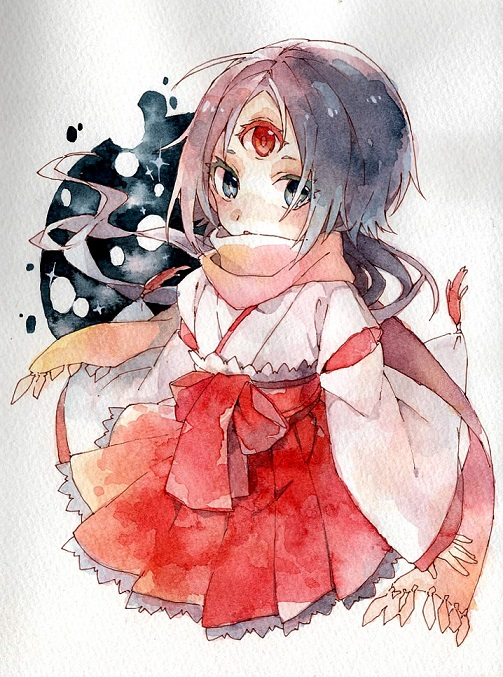 1girl black_eyes black_hair hakama japanese_clothes long_sleeves looking_at_viewer miko no_bangs nobuyo_ninomiya original pink_scarf red_eyes red_hakama scarf short_hair solo tassel third_eye traditional_media wide_sleeves