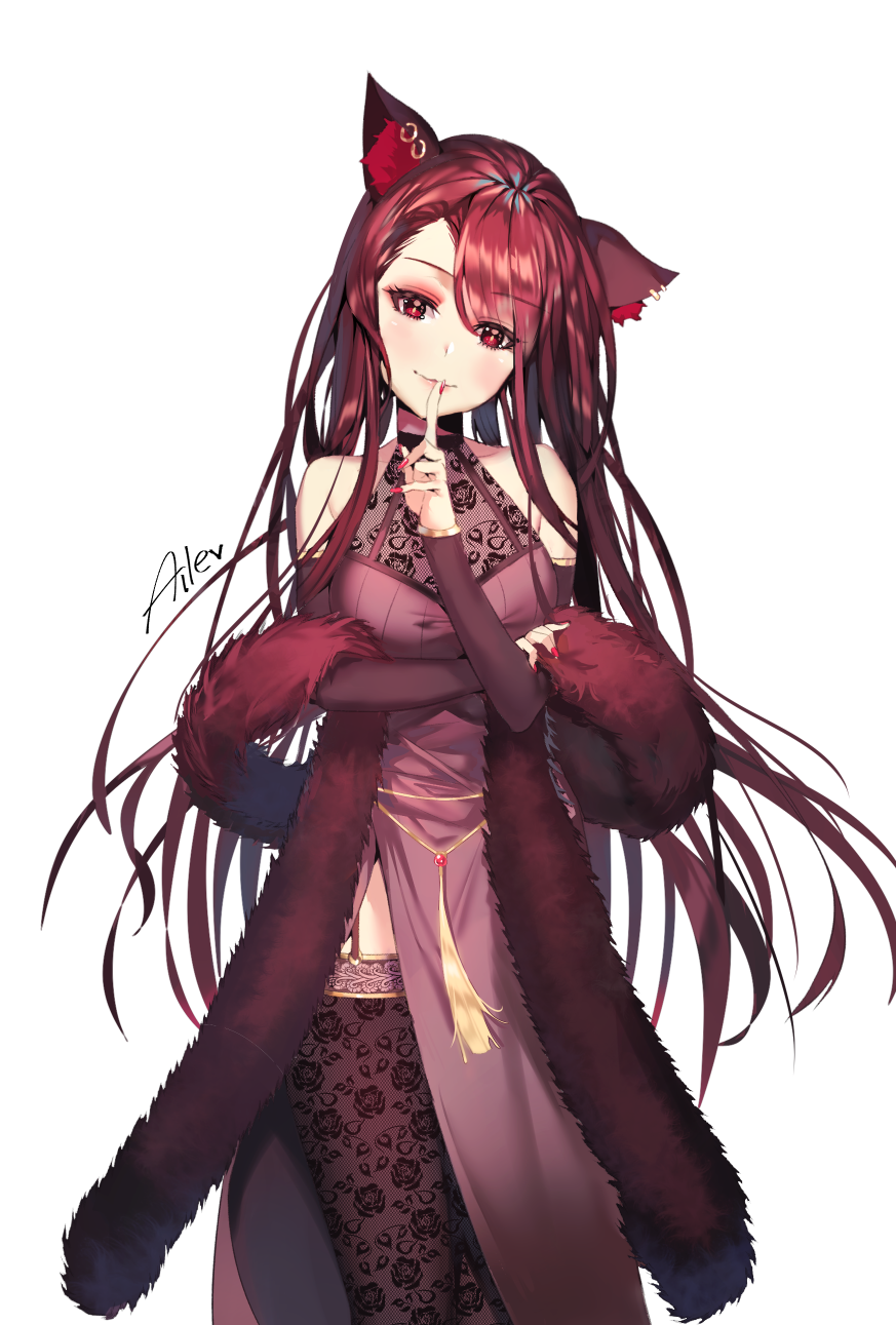 1girl aile_(crossroads) animal_ears artist_name bare_shoulders breasts cat_ears collarbone commentary detached_sleeves ear_piercing eyebrows_visible_through_hair floral_print fur highres large_breasts long_hair long_sleeves original piercing red_eyes redhead simple_background smile solo thigh-highs white_background