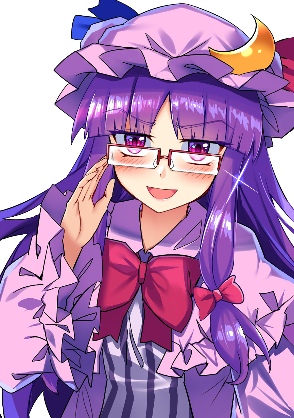 1girl :d adjusting_eyewear bangs bespectacled blue_ribbon blunt_bangs blush bow bowtie commentary_request crescent crescent_hair_ornament dress e.o. eyebrows_visible_through_hair frilled_sleeves frills glasses hair_bow hair_ornament hand_up hat hat_ribbon highres long_hair long_sleeves looking_at_viewer mob_cap open_mouth patchouli_knowledge purple_dress purple_hair purple_headwear red-framed_eyewear red_bow red_neckwear red_ribbon ribbon sidelocks simple_background smile solo sparkle striped touhou upper_body vertical-striped_dress vertical_stripes violet_eyes white_background wide_sleeves
