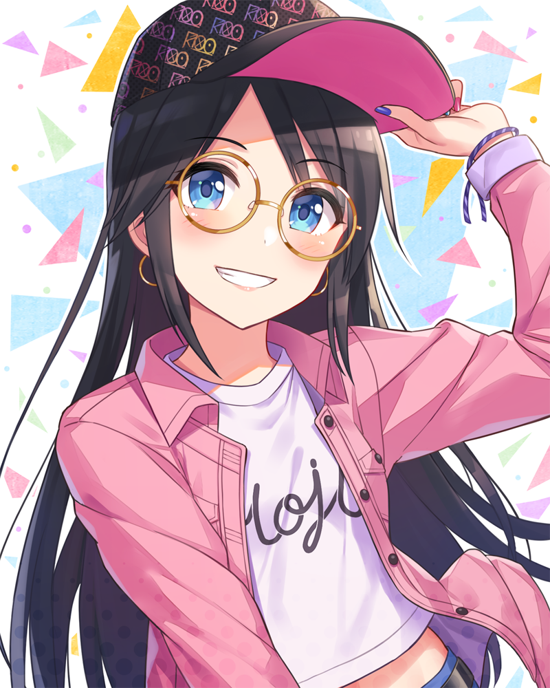 1girl bangs baseball_cap black_hair black_headwear blue_eyes blush breasts buttons clothes_writing earrings glasses grin hat hoop_earrings idolmaster idolmaster_shiny_colors jacket jewelry long_hair long_sleeves looking_at_viewer mitsumine_yuika pink_jacket shirt small_breasts smile solo white_shirt yellow-framed_eyewear yuuhi_(ages)