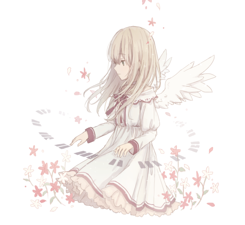 1girl angel baiju_(white) dress flower long_hair long_sleeves original simple_background white_background white_dress white_wings wings