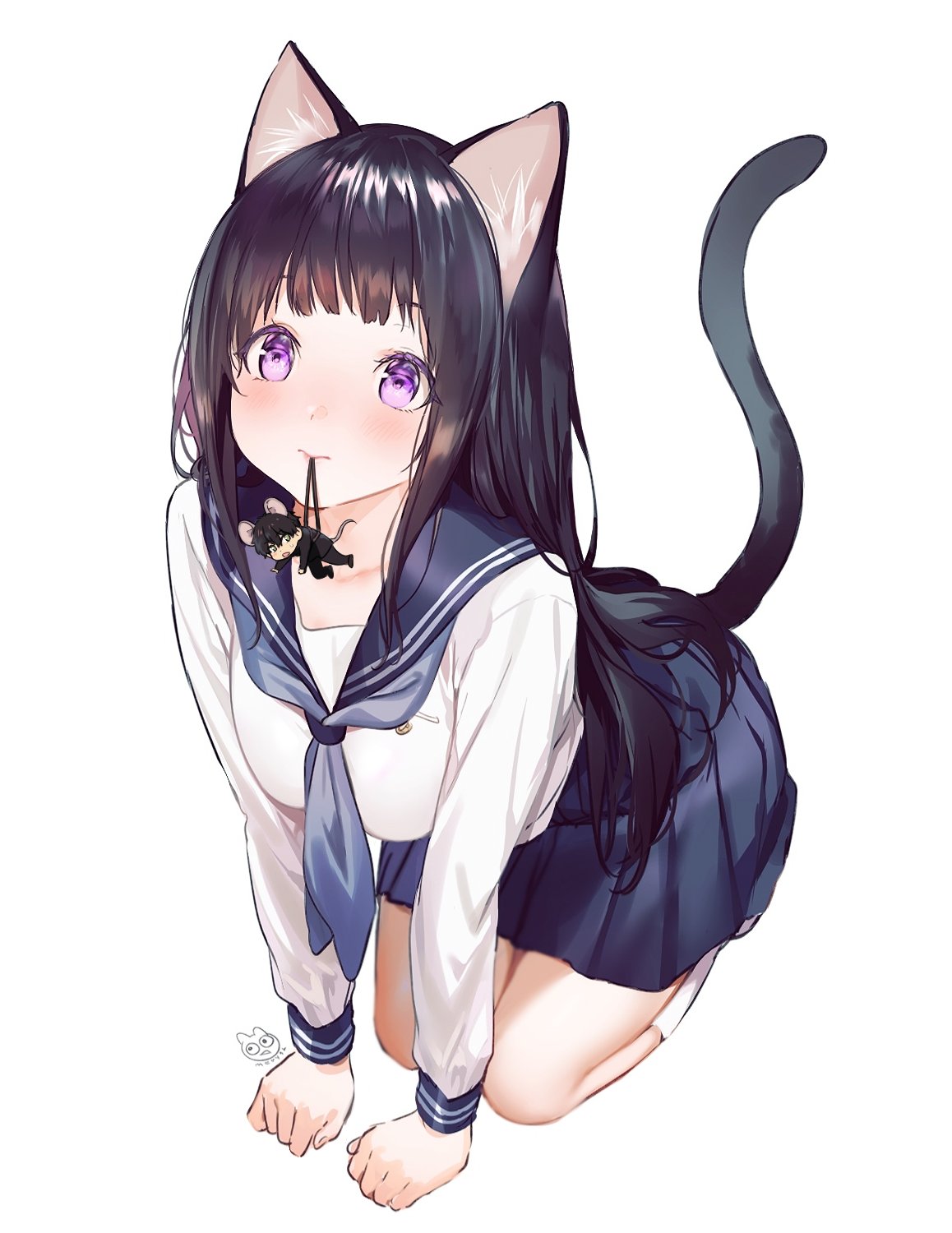 1boy 1girl all_fours animal_ears black_hair black_sailor_collar black_skirt cat_ears cat_tail chitanda_eru full_body highres hyouka kantai_collection kemonomimi_mode long_hair mery_(apfl0515) miniboy mouse_ears mouse_tail oreki_houtarou pleated_skirt sailor_collar school_uniform serafuku simple_background skirt tail violet_eyes white_background