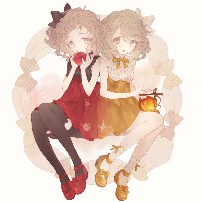 2girls :o ankle_strap apple black_bow black_legwear black_skirt bloomers bow center_frills food fruit grey_eyes grey_hair hair_bow high-waist_skirt invisible_chair multiple_girls neck_ribbon nobuyo_ninomiya original red_footwear red_skirt ribbon shirt shoes short_hair siblings sisters sitting skirt socks thigh-highs twins underwear white_bow white_legwear white_shirt yellow_footwear yellow_neckwear yellow_skirt