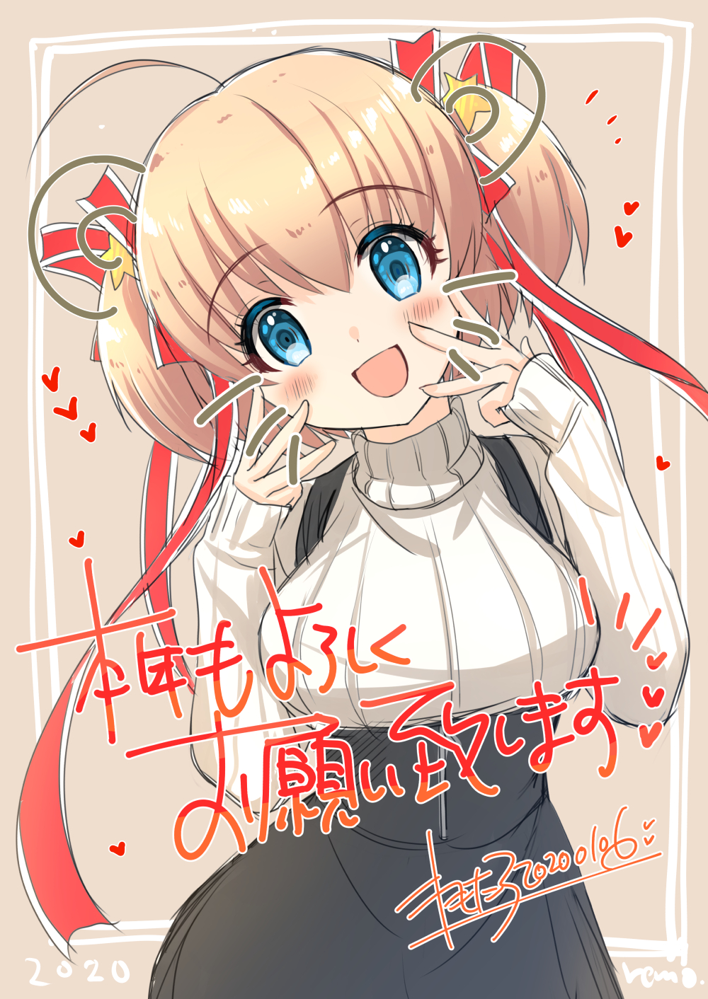 1girl 2020 alternate_costume animal_ears black_skirt blonde_hair blue_eyes commentary_request cowboy_shot dated hair_ribbon head_tilt high-waist_skirt highres kamikita_komari kantai_collection little_busters!! looking_at_viewer mouse_ears new_year remotaro ribbon short_hair skirt smile solo suspender_skirt suspenders twintails