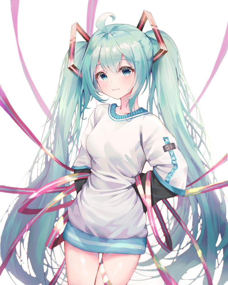 1girl :3 ahoge arms_behind_back bangs blue_eyes blush breasts closed_mouth commentary eyebrows_visible_through_hair green_hair hair_between_eyes hair_ornament hatsune_miku long_hair long_sleeves looking_at_viewer red_ribbon ribbon shirt short_over_long_sleeves short_sleeves small_breasts solo striped striped_ribbon thigh_gap twintails very_long_hair vocaloid white_shirt zain_(jiha3905)