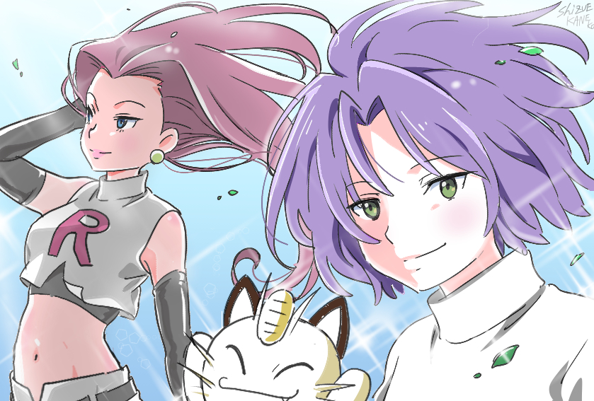 blush green_eyes kojirou_(pokemon) meowth musashi_(pokemon) pokemon pokemon_(anime) qqqnekoqqq team_rocket