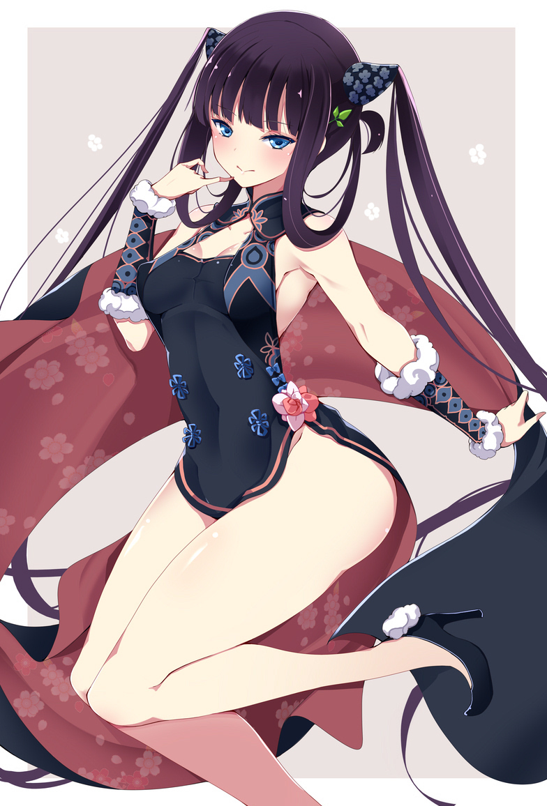 1girl armpits bangs bare_shoulders black_dress black_hair blue_eyes blunt_bangs blush breasts china_dress chinese_clothes closed_mouth double_bun dress fate/grand_order fate_(series) hair_ornament high_heels leaf_hair_ornament long_hair looking_at_viewer mutou_kurihito short_dress sidelocks small_breasts smile solo thighs twintails very_long_hair yang_guifei_(fate/grand_order)