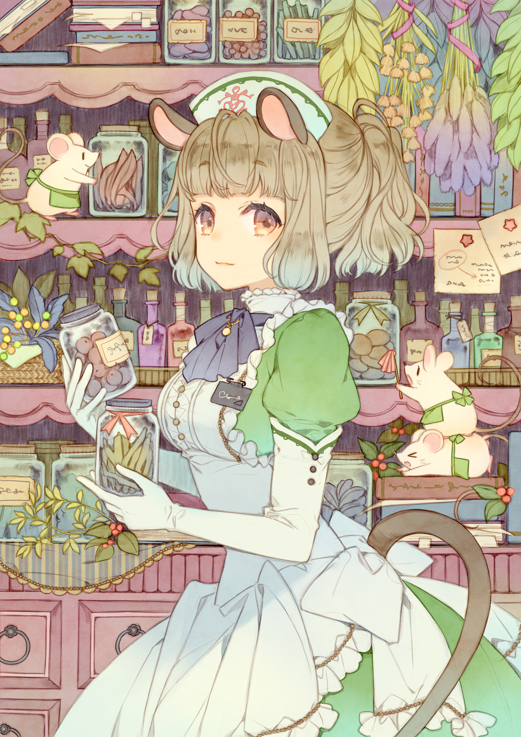 1girl animal_ears apron ascot bangs blue_neckwear book bottle commentary_request dress elbow_gloves frilled_apron frills from_side gloves green_apron green_dress grey_hair half_updo hat highres holding_jar kuroyuki looking_at_viewer mouse mouse_ears mouse_tail name_tag nurse_cap original pharmacy pinafore_dress plant ponytail shelf smile solo tail vines violet_eyes waist_apron white_apron white_gloves