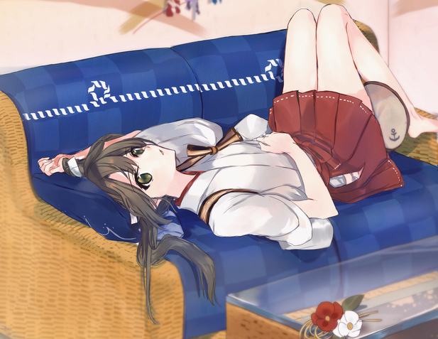 1girl bangs barefoot couch eyebrows_visible_through_hair flower green_eyes green_hair hair_ribbon hand_on_own_stomach hip_vent japanese_clothes kantai_collection long_hair lying on_back open_mouth red_skirt ribbon skirt solo table tasuki twintails zp_hn02 zuikaku_(kantai_collection)