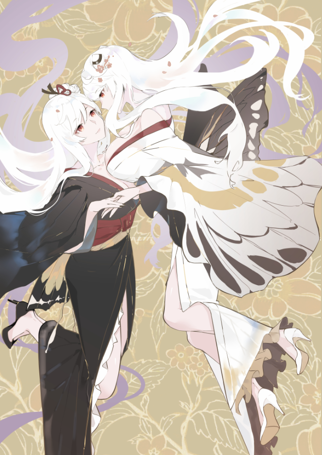 2girls aircraft_carrier_hime alternate_costume black_footwear breasts butterfly_wings dress hair_ornament hair_ribbon high_heels horns japanese_clothes kantai_collection kimono large_breasts lips long_hair midway_hime multiple_girls nail_polish nello_(luminous_darkness) red_eyes ribbon shinkaisei-kan side_slit sidelocks smile white_footwear white_hair wide_sleeves wings yuri