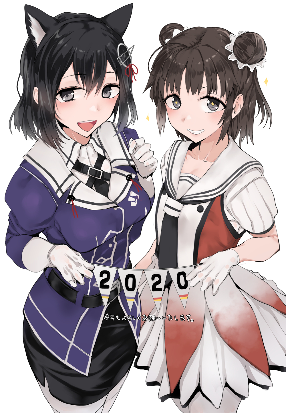 2020 2girls animal_ear_fluff animal_ears antenna_hair bangs black_eyes black_hair black_neckwear black_skirt blush breasts brown_hair double_bun eyebrows_visible_through_hair gloves grin haguro_(kantai_collection) hair_ornament highres holding kantai_collection long_sleeves multiple_girls naka_(kantai_collection) necktie new_year open_mouth pantyhose remodel_(kantai_collection) sailor_collar short_hair short_sleeves simple_background skirt smile sparkle sparkling_eyes white_background white_gloves white_legwear white_skirt yukiguni_yuu