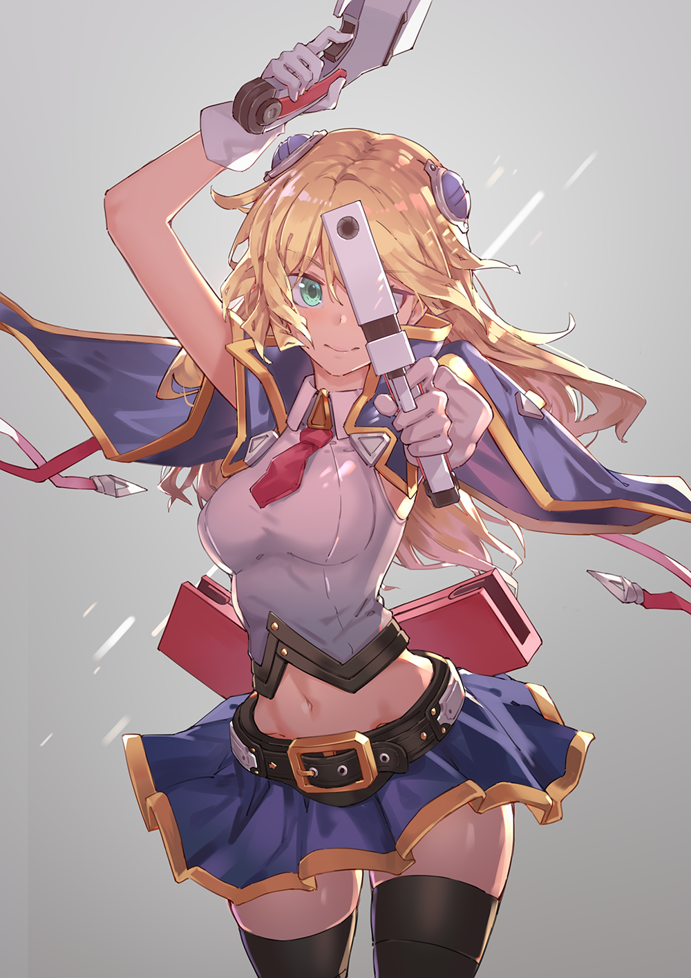 1girl bare_shoulders black_legwear blazblue blonde_hair breasts cchhii3 dual_wielding gloves green_eyes gun hair_ornament highres holding holding_gun holding_weapon long_hair navel necktie noel_vermillion shirt skirt sleeveless sleeveless_shirt solo thigh-highs weapon