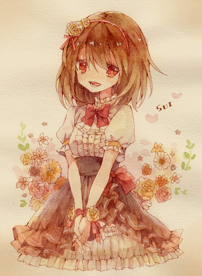 1girl :d ascot bangs black_hair black_skirt bow bowtie center_frills floral_background flower frilled_shirt_collar frilled_skirt frilled_sleeves frills hair_flower hair_ornament hairband hands_together lolita_fashion looking_at_viewer nobuyo_ninomiya open_mouth original pink_flower red_bow red_eyes red_neckwear red_ribbon ribbon shirt short_hair short_sleeves skirt smile solo traditional_media white_flower white_neckwear white_shirt wrist_flower wrist_ribbon yellow_flower