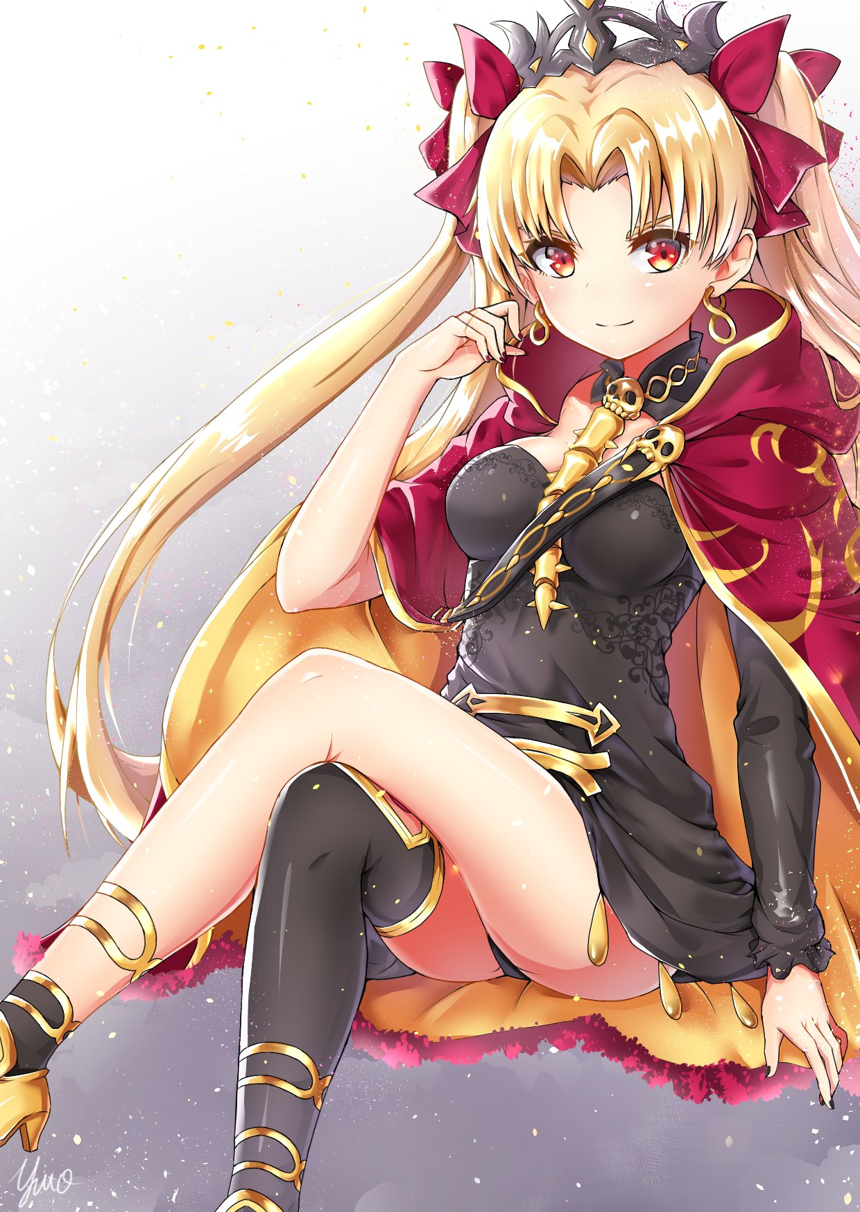 1girl artist_name asymmetrical_legwear asymmetrical_sleeves bangs black_dress black_headwear black_nails black_panties blonde_hair cape closed_mouth commentary crossed_legs detached_collar dress earrings ereshkigal_(fate/grand_order) fate/grand_order fate_(series) fur-trimmed_cape fur_trim gold_footwear gold_trim grey_background hair_ribbon high_heels highres hood hooded_cape hoop_earrings infinity invisible_chair jewelry light_particles long_hair looking_at_viewer multicolored multicolored_cape multicolored_clothes nail_polish panties pantyshot pantyshot_(sitting) parted_bangs red_cape red_eyes red_ribbon ribbon short_dress signature single_sleeve single_thighhigh sitting skull smirk solo spine thigh-highs tiara two_side_up underwear very_long_hair yellow_cape yuito_(yuitokobunasbs0)