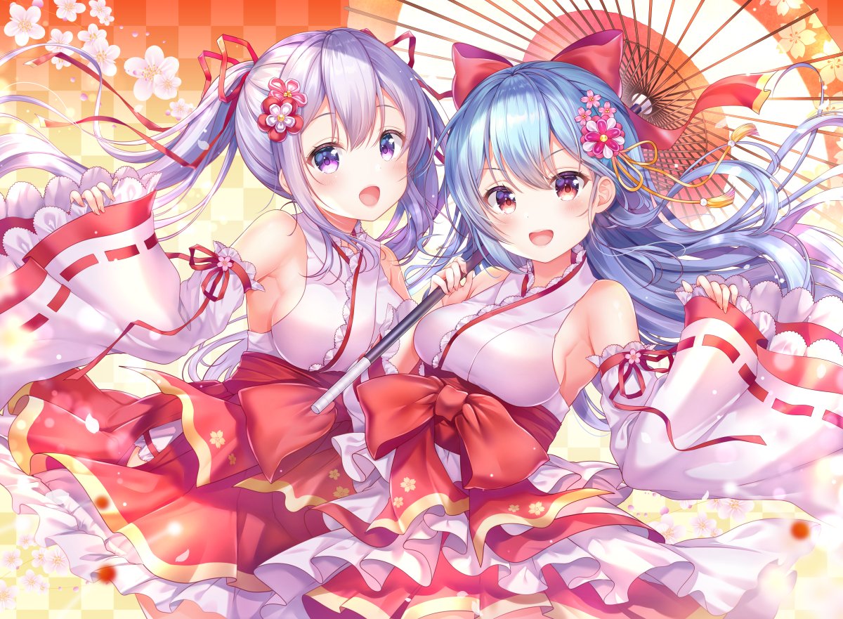 2girls :d aoba_chise aoba_project aoba_rena armpits bare_shoulders blue_hair bow breasts checkered checkered_background commentary_request cowboy_shot detached_sleeves dress floating_hair flower hair_bow hair_ornament hair_ribbon holding holding_umbrella large_breasts layered_dress long_hair long_sleeves looking_at_viewer multiple_girls nontraditional_miko obi open_mouth oriental_umbrella red_eyes ribbon sakura_moyon sash silver_hair smile twintails umbrella violet_eyes white_flower wide_sleeves