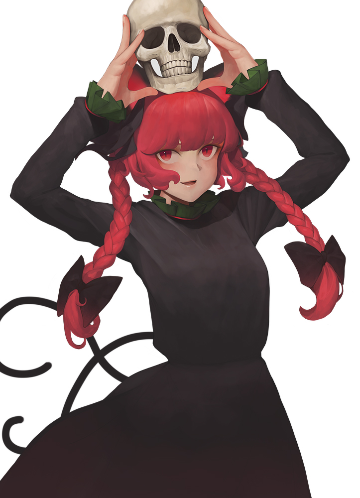 1girl animal_ears arms_up bangs black_bow blunt_bangs bow braid cat_ears cat_tail collar cowboy_shot djjj5322 frilled_collar frilled_sleeves frills hair_bow holding_skull kaenbyou_rin long_hair long_sleeves looking_up multiple_tails on_head open_mouth popped_collar red_eyes redhead sidelocks simple_background skull slit_pupils solo tail touhou twin_braids two_tails white_background
