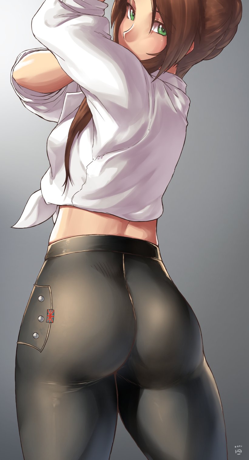 1girl artist_name ass black_pants braid breasts brown_hair commentary curvy english_commentary eyebrows_visible_through_hair eyes_visible_through_hair finalcake french_braid from_behind girls_frontline gradient gradient_background green_eyes highres lee-enfield_(girls_frontline) long_hair looking_at_viewer looking_back pants shirt simple_background solo tied_shirt tight tight_pants white_shirt