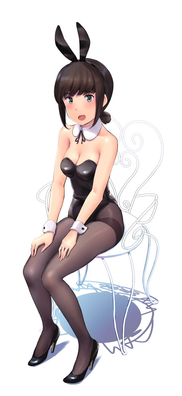 1girl animal_ears black_hair blush breasts bunny_girl bunnysuit fake_animal_ears fubuki_(kantai_collection) grey_eyes highres kantai_collection looking_at_viewer open_mouth pantyhose ponytail rabbit_ears shoes short_hair sidelocks simple_background sitting small_breasts solo wa_(genryusui) white_background