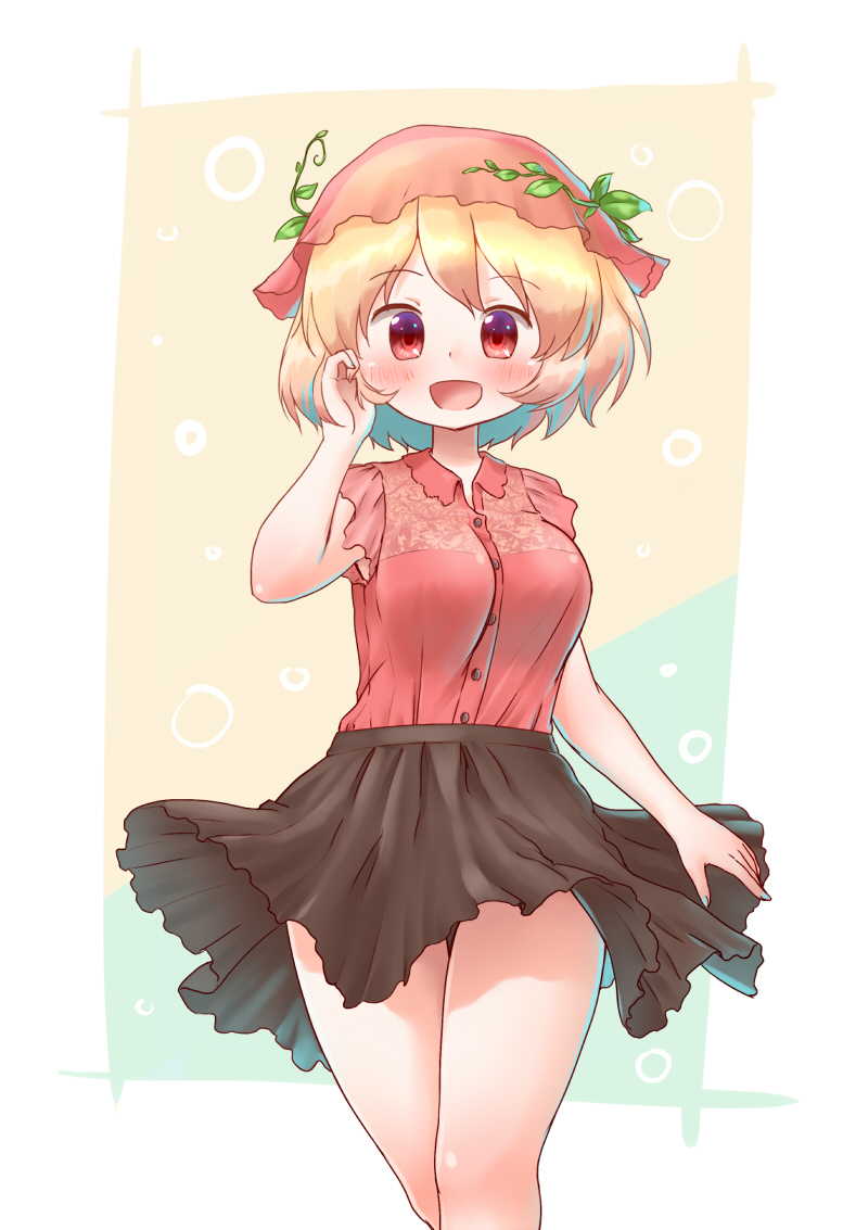 1girl aki_minoriko arinu black_skirt blonde_hair blouse blush cowboy_shot eyebrows_visible_through_hair hand_in_hair hat leaf looking_at_viewer open_mouth plant red_blouse red_eyes red_headwear short_hair skirt solo standing thigh_gap touhou vines