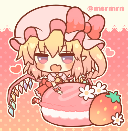 1girl :d ascot blonde_hair blush bow chibi commentary_request fang flandre_scarlet flower food fruit hat hat_bow heart long_hair macaron marshmallow_mille mob_cap one_side_up open_mouth pink_headwear polka_dot polka_dot_background puffy_short_sleeves puffy_sleeves red_bow red_eyes red_footwear red_skirt red_vest ringlets shoes short_sleeves skirt smile solo standing standing_on_one_leg strawberry striped striped_legwear touhou twitter_username vest white_flower wrist_cuffs yellow_neckwear