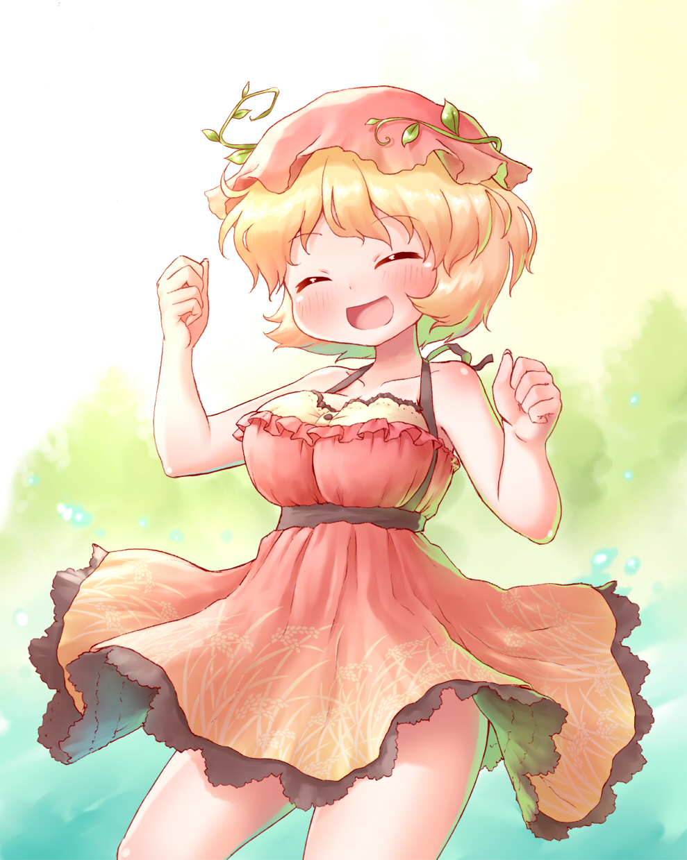 1girl aki_minoriko arinu blonde_hair blush clenched_hands closed_eyes collarbone cowboy_shot dress hat highres leaf open_mouth plant red_dress red_headwear short_hair sleeveless sleeveless_dress smile solo touhou vines wheat_print