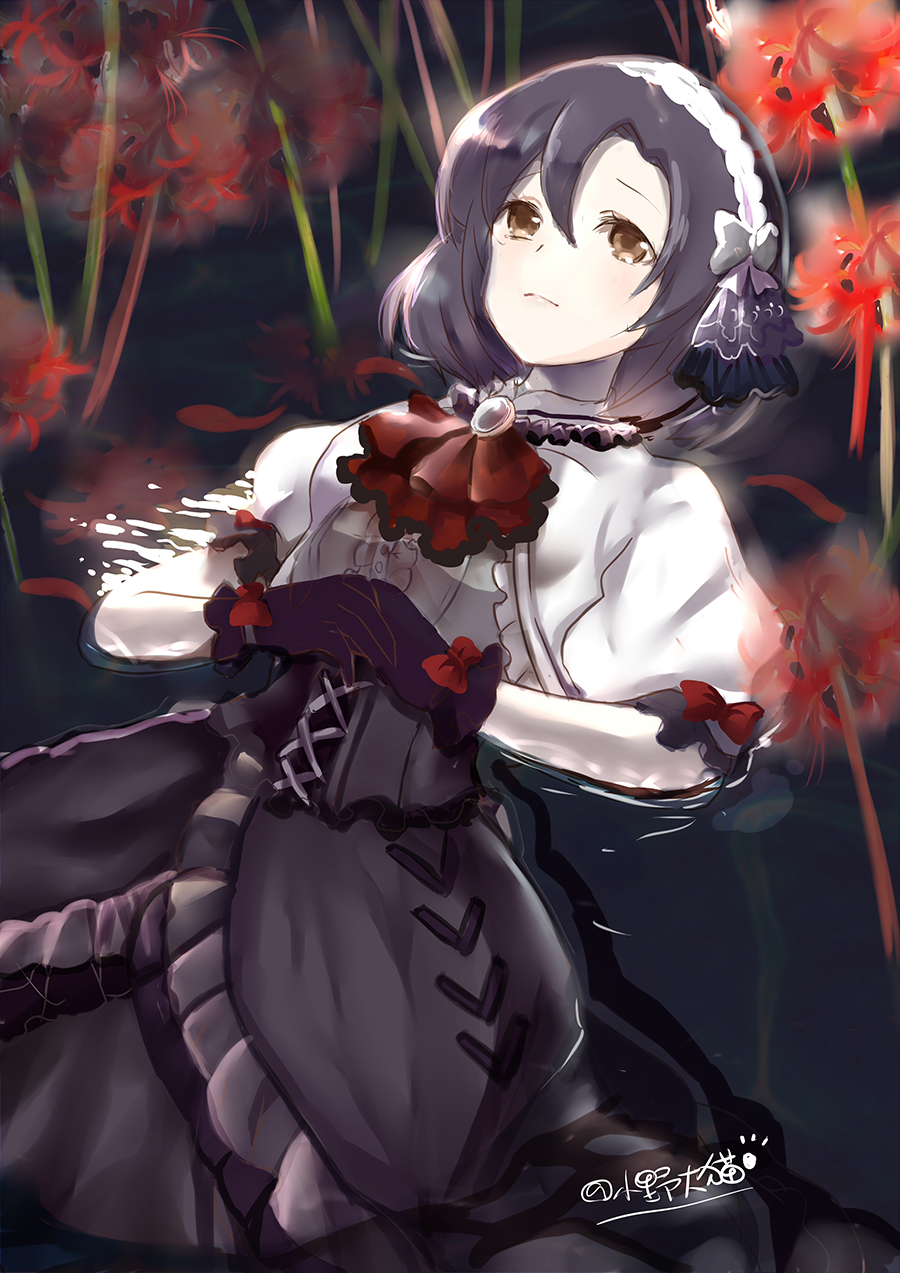 1girl afloat ascot bangs black_gloves black_hair black_skirt blush bow brooch brown_eyes closed_mouth collared_shirt commentary_request eyebrows_visible_through_hair flower gloves hair_between_eyes hairband hands_on_own_stomach hands_together highres idolmaster idolmaster_cinderella_girls idolmaster_cinderella_girls_starlight_stage jewelry looking_away lunacats lying on_back own_hands_together partially_submerged puffy_short_sleeves puffy_sleeves red_bow red_flower red_neckwear shiragiku_hotaru shirt short_sleeves signature skirt solo spider_lily water white_hairband white_shirt