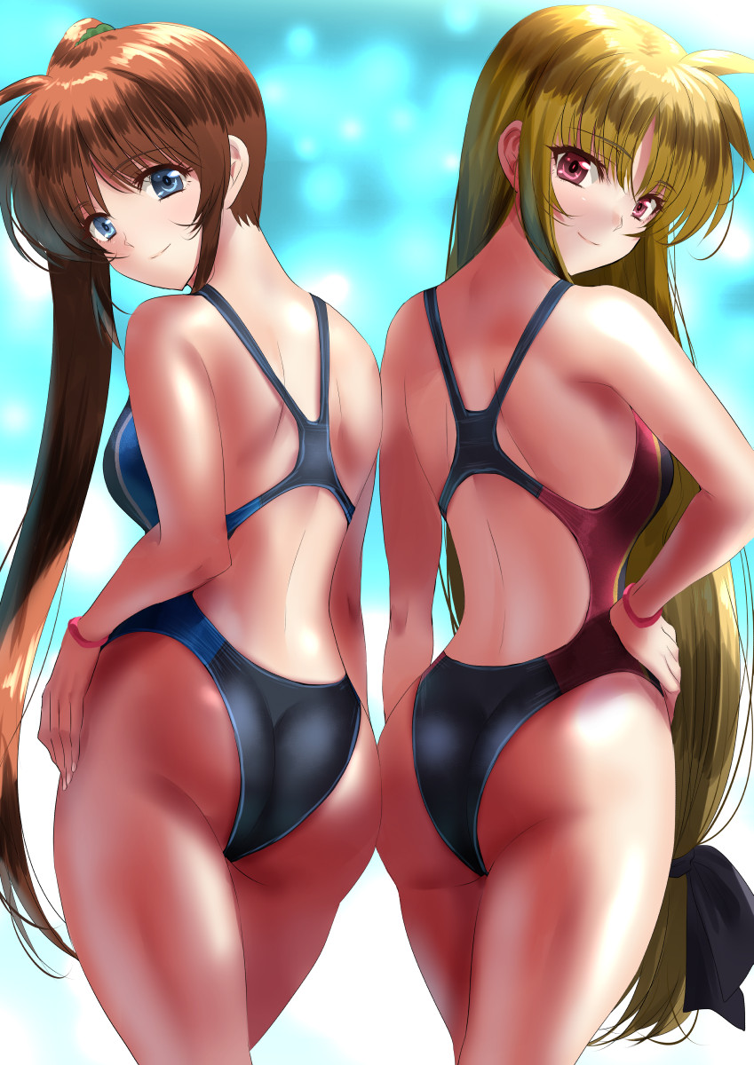 2girls ass black_swimsuit blonde_hair blue_eyes brown_hair commentary_request competition_swimsuit fate_testarossa from_behind hand_on_hip highleg highleg_swimsuit highres long_hair looking_at_viewer low-tied_long_hair lyrical_nanoha mahou_shoujo_lyrical_nanoha_strikers multiple_girls one-piece_swimsuit red_eyes sen_(sansui) side_ponytail smile swimsuit symmetry takamachi_nanoha wristband