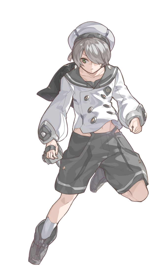 1other black_footwear black_shorts camera character_request closed_mouth collarbone copyright_request earrings green_eyes grey_hair hair_over_one_eye hat holding holding_camera jewelry navel puffy_sleeves seyana shorts transparent white_headwear