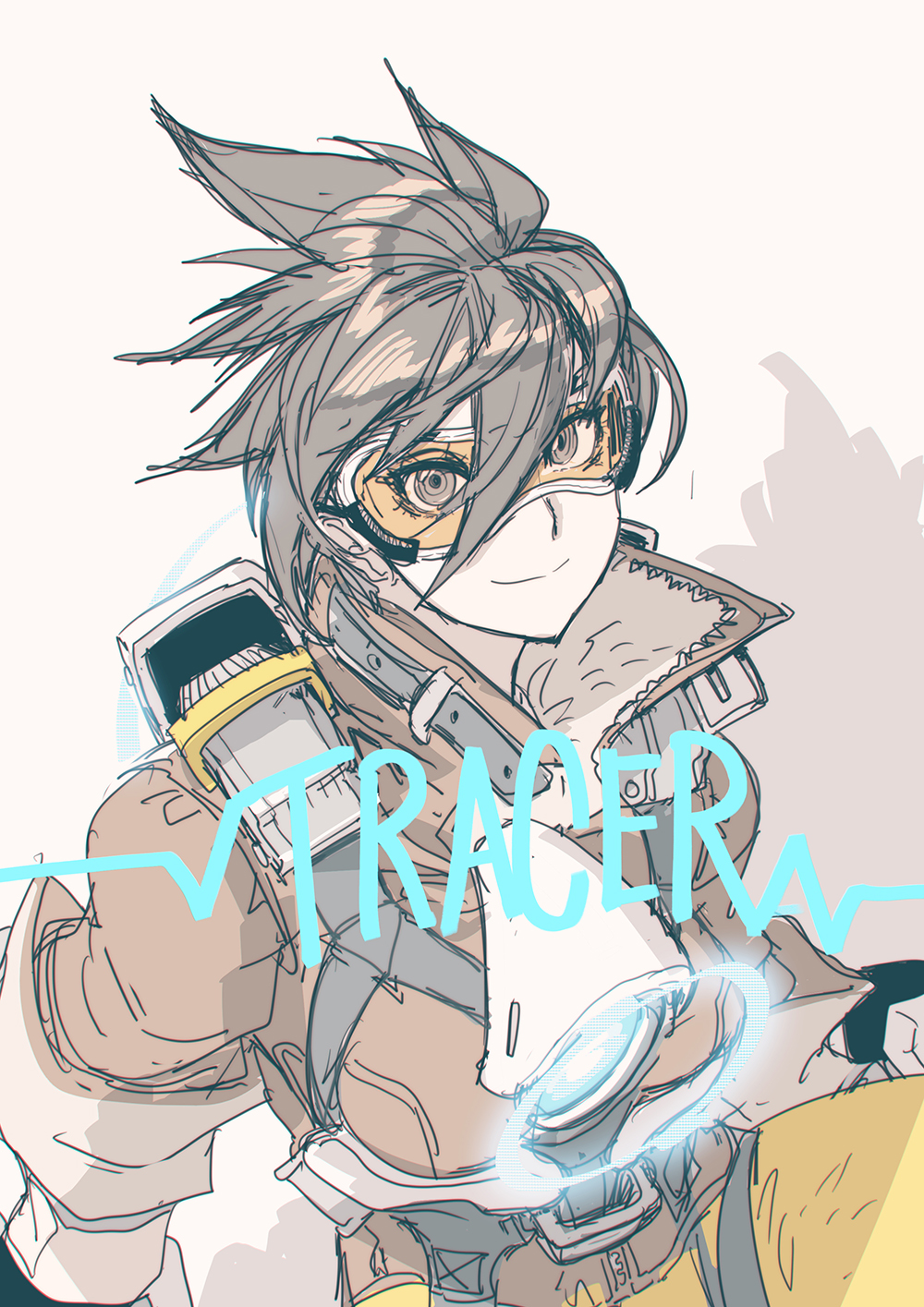 1girl brown_background brown_eyes brown_hair brown_jacket butcherboy closed_mouth goggles hair_between_eyes highres jacket medium_hair overwatch simple_background sketch sleeves_rolled_up smile solo tracer_(overwatch) zipper zipper_pull_tab