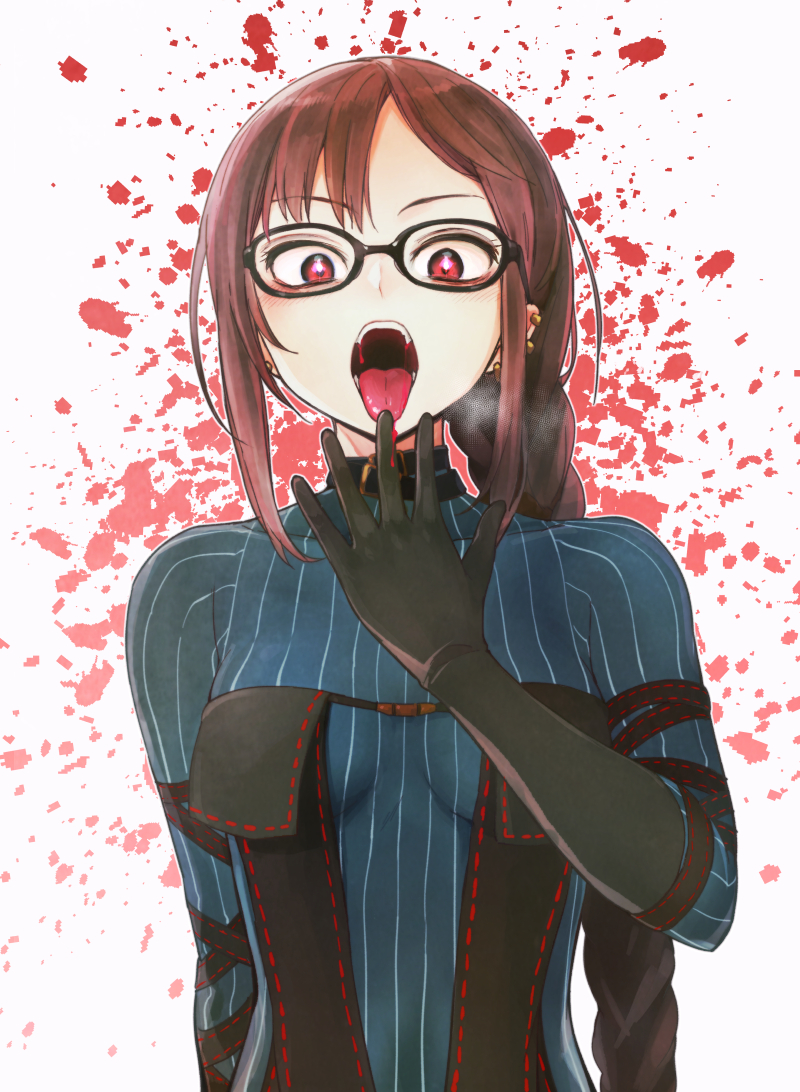 1girl bangs black_dress blood blood_splatter blush braid breasts breath brown_hair consort_yu_(fate) dress ear_piercing earrings eyebrows_visible_through_hair fate/grand_order fate_(series) glasses jewelry kou1 long_hair looking_at_viewer medium_breasts multiple_earrings music open_mouth piercing pinstripe_pattern red_eyes singing solo striped tongue upper_body white_background